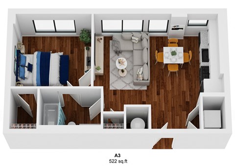 a 3d floor plan of a living room with a dining room and a kitchen